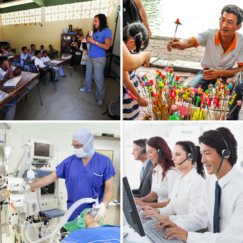 Infografía del sector terciario: servicios como educación, salud, banca y transporte